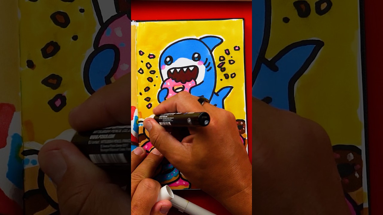 Sketchbook challenge - draw a shark eating your favorite treat! #artforkidshub 🦈🍩